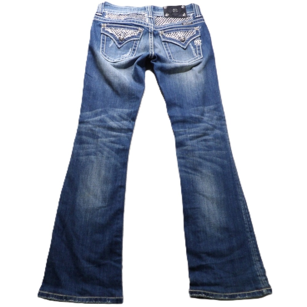 Miss Me Women Jeans 27 Bootcut Mid Rise Rhinestone Flap Pocket Medium Wash Denim
